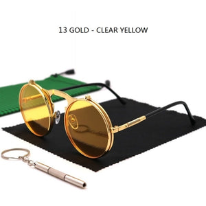 Popolare Vintage Steampunk Flip Up Occhiali da sole Rivetti retrò Piccoli occhiali da sole rotondi Occhiali da vista punk con lenti a doppio strato UV400 Popolare Vintage Steampunk Flip Up Occhiali da sole Rivetti retrò Piccoli occhiali da sole rotondi Occhiali da vista punk con lenti a doppio strato UV400